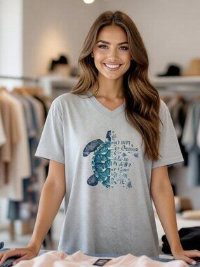NWOT BRIGHT GREY POLY BLEND V-NECK SEA TURTLE "INTO THE OCEAN" T-SHIRT LARGE